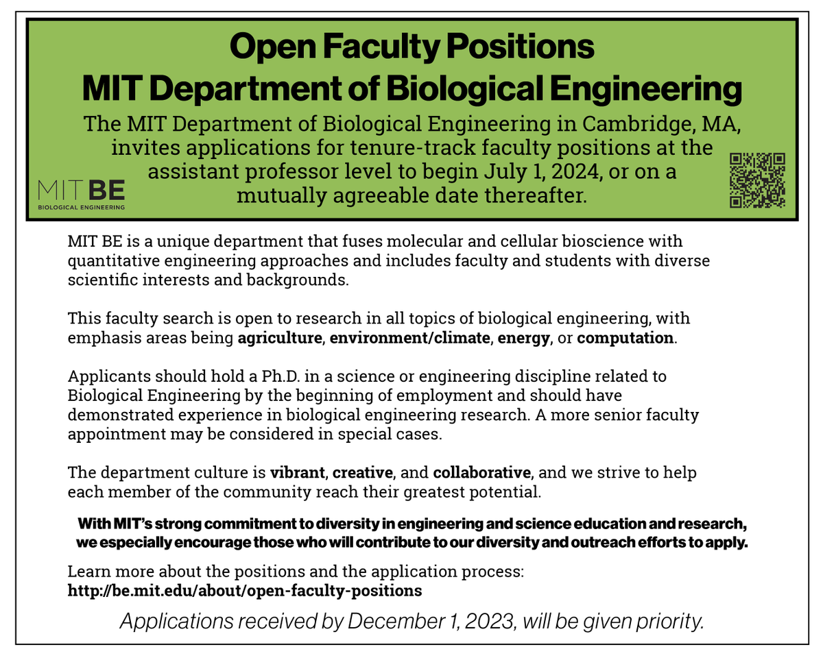 The MIT Department of Biological Engineering in Cambridge, MA, invites applications for tenure-track faculty positions at the assistant professor level, to begin July 1, 2024, or on a mutually agreeable date thereafter. ow.ly/Sgcy50PSpyU