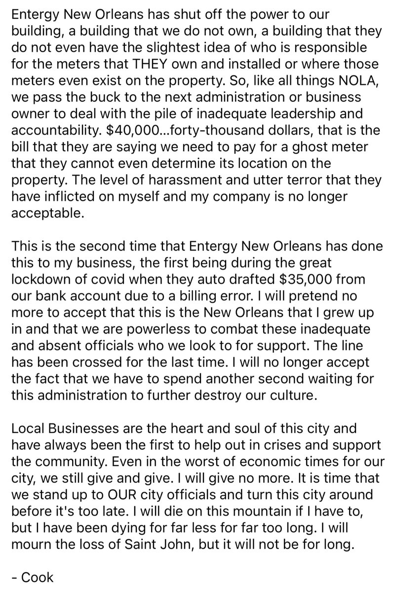 “The city of New Orleans is in crisis… It is time that we stand up to our city officials and turn this city around before it’s too late.”

Saint John restaurant announced its closure on Facebook. <a href="/LaRestAssoc/">LRA</a>