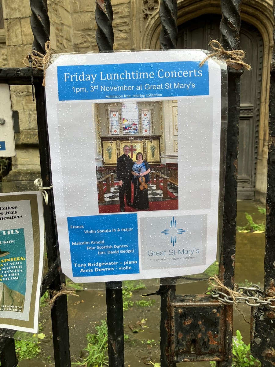 You know you’ve made it in Cambridge when you’re tied to the railings outside Great St Mary’s Church😂. Looking forward to my final recital of the year with Anna Downes tomorrow😊. Love the bow tied string, rather than plastic cable ties.