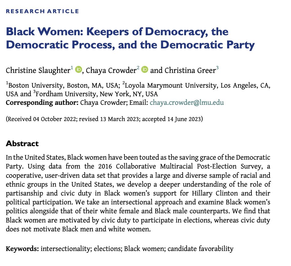 📣 Out on #FirstView & #OpenAccess📣 @cmslaughter, @ChayaCrowder, @Dr_CMGreer in 'Black Women: Keepers of Democracy, the Democratic Process, and the Democratic Party' investigate the importance of civic duty in Black women's support for Clinton in 2016 cambridge.org/core/journals/…