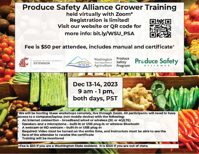 WAProduceSafety's tweet photo. Virtual @Produce_Safety Grower Training held with Zoom.*  Registration is limited 30 registrants.
Visit our website for more info: https://t.co/H11euwdCWR
Fee is $50 for WA residents!
Thanks to @WSDAgov for their support! https://t.co/H3BskqTdG5