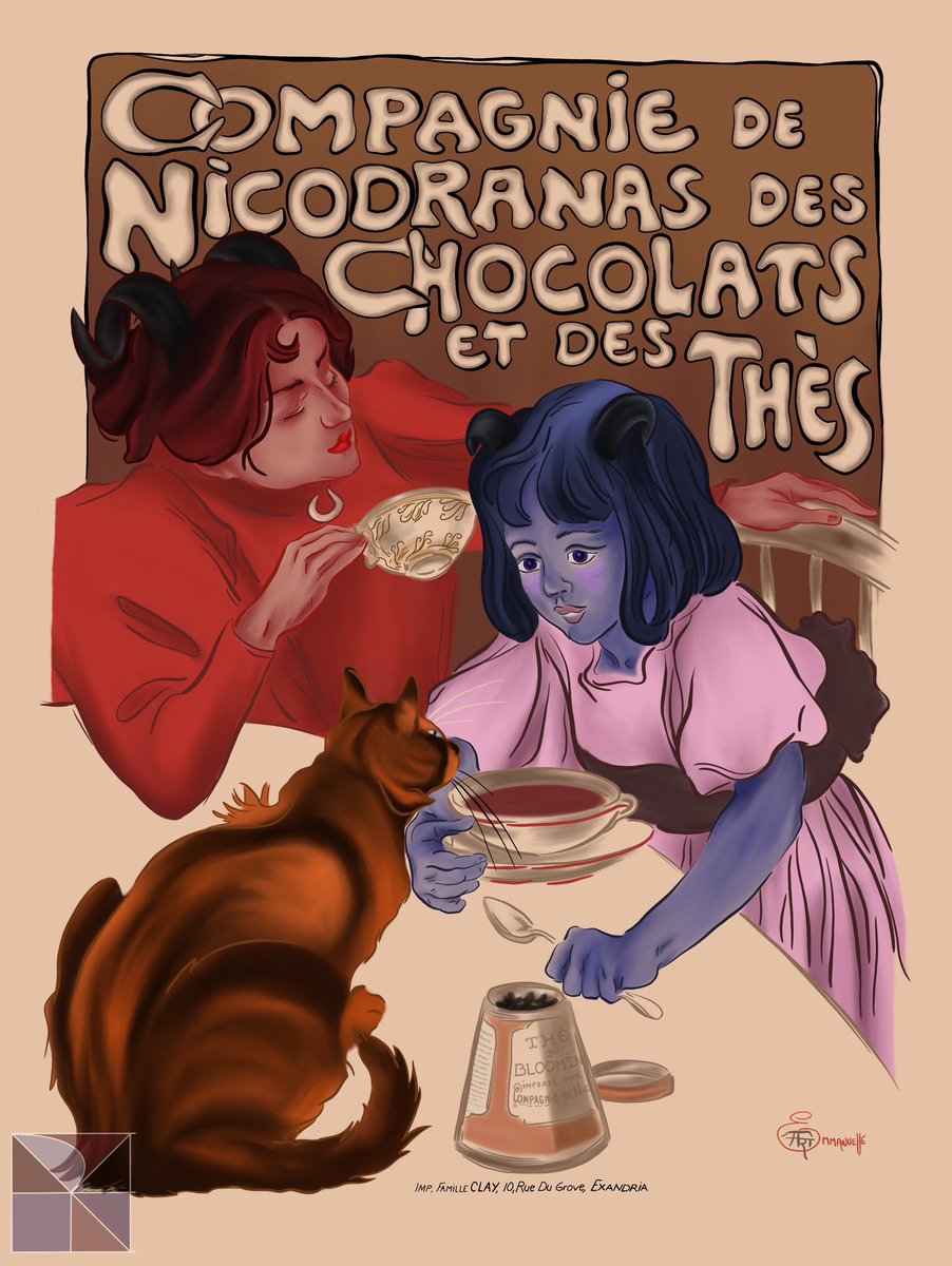 OriginalEmmArt's tweet photo. Second poster inspired by traditional French advertisement featuring our favorite Tieflings 🥰
#art #artist #artistsoninstagram #fanart #itsthursday #criticalroleart #criticalrole #mightynein #rubyofthesea #jesterlavorre #frumpkin #chocolat #frenchartist #originalemmart https://t.co/1LpCbgCvuM