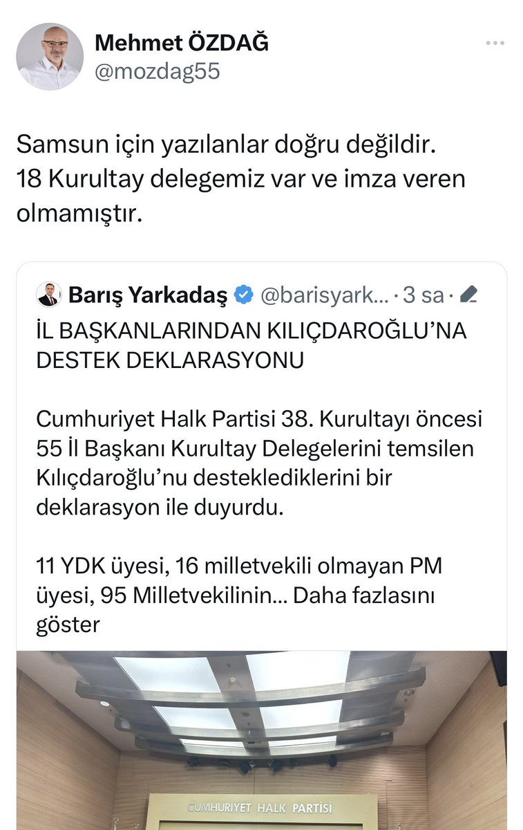 sabansevinc2's tweet photo. Son dakika…
CHP’de açıklama skandalı…

Genel Merkezin açıklaması, İl başkanları tarafından yalanlandı.

CHP’nin twitter hesabından yaptığı paylaşım ile gazetecilere gönderdiği bildiri CHP’nin Samsun, Amasya, Zonguldak ve Erzurum İl Başkanları tarafından yalanlandı. 

Bitlis delegesi Veysi Uyanık da tüm delegelerinin Özgür Özel’e imza verdiği belgeyi yayınlayarak Bitlis İl Başkanının genel merkezin öne sürdüğü gibi Kılıçdaroğlu’na destek açıklamasına katılmadığını açıkladı.
@herkesicinCHP