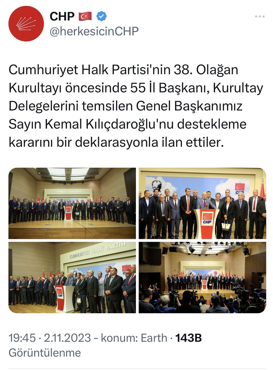 sabansevinc2's tweet photo. Son dakika…
CHP’de açıklama skandalı…

Genel Merkezin açıklaması, İl başkanları tarafından yalanlandı.

CHP’nin twitter hesabından yaptığı paylaşım ile gazetecilere gönderdiği bildiri CHP’nin Samsun, Amasya, Zonguldak ve Erzurum İl Başkanları tarafından yalanlandı. 

Bitlis delegesi Veysi Uyanık da tüm delegelerinin Özgür Özel’e imza verdiği belgeyi yayınlayarak Bitlis İl Başkanının genel merkezin öne sürdüğü gibi Kılıçdaroğlu’na destek açıklamasına katılmadığını açıkladı.
@herkesicinCHP