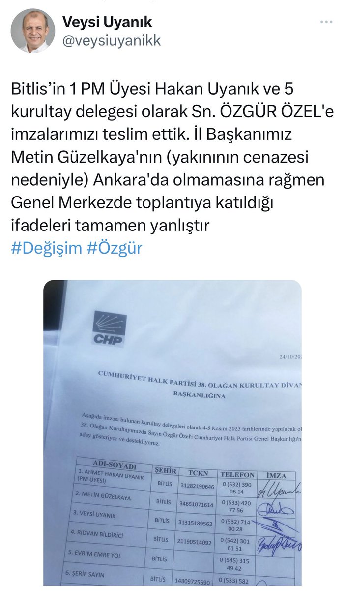 sabansevinc2's tweet photo. Son dakika…
CHP’de açıklama skandalı…

Genel Merkezin açıklaması, İl başkanları tarafından yalanlandı.

CHP’nin twitter hesabından yaptığı paylaşım ile gazetecilere gönderdiği bildiri CHP’nin Samsun, Amasya, Zonguldak ve Erzurum İl Başkanları tarafından yalanlandı. 

Bitlis delegesi Veysi Uyanık da tüm delegelerinin Özgür Özel’e imza verdiği belgeyi yayınlayarak Bitlis İl Başkanının genel merkezin öne sürdüğü gibi Kılıçdaroğlu’na destek açıklamasına katılmadığını açıkladı.
@herkesicinCHP