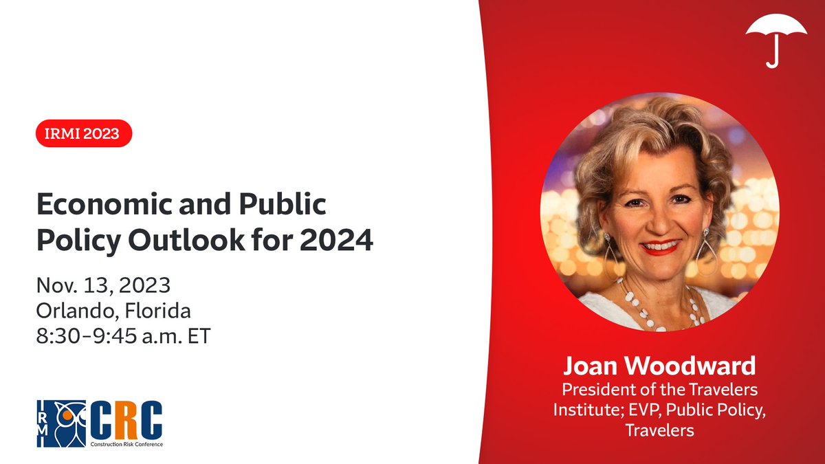 #TeamTravelers is heading to #IRMI2023. We’re excited to see Joan Woodward, President of the #TravelersInstitute and EVP of Public Policy at Travelers, take the stage for a keynote presentation on the economic and public policy outlook for 2024. travl.rs/3shVWSZ