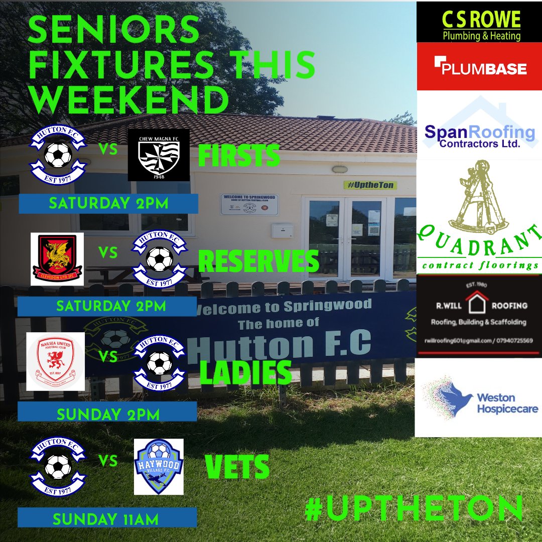 Here's the Senior Fixtures for this weekend. We expect pitch inspections, so keep an eye on here 👀
(Apart from Vets game on 3g Sunday) 

#UptheTon
#Somerset
<a href="/WDistrict_FL/">Weston&DistrictFL</a> 
<a href="/somersetcfl/">Somerset County FL</a> 
<a href="/SomersetCWL/">Somerset County Women's Football League</a> 
<a href="/unofficialmagna/">Chew Magna FC 🌈</a> 
<a href="/NailseaUtdWomen/">Nailsea United Women FC</a> 
<a href="/clevedonunited/">Clevedon United FC</a> 
<a href="/FcHaywood/">Haywood Village FC</a>