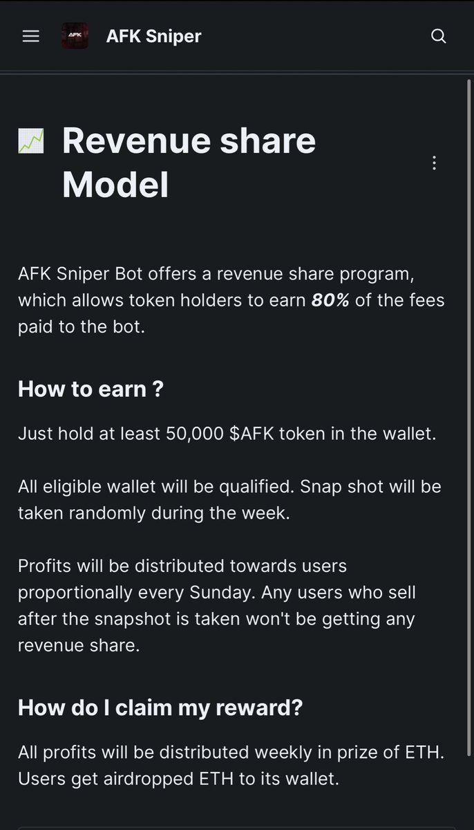 AfkSniper_Bot's tweet photo. Our revenue share model is looking great and we are glad to have some solid feedbacks from our investors on how it works. Kindly view our gitbook or click the link below for info.
https://t.co/knFzrMm5x6
#AFKtradingbot
#AFKbriber
#AFKsniper https://t.co/RASLfz1LkD