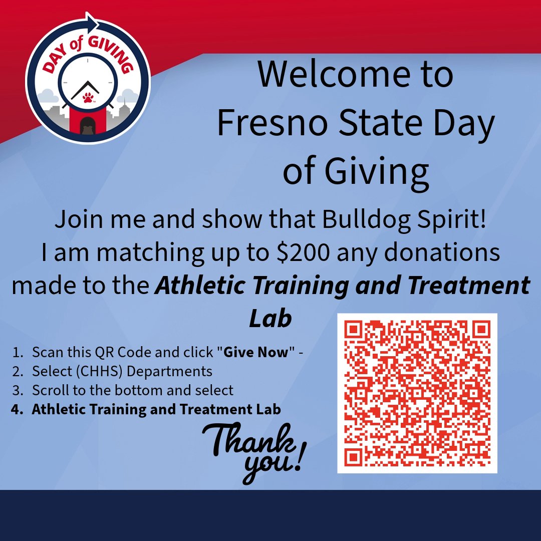 Day of Giving 2023 dayofgiving.fresnostate.edu/giving-day/793… 

Join me and I will match up to $200 donations made to the Athletic Training and Treatment Lab. Thank you.