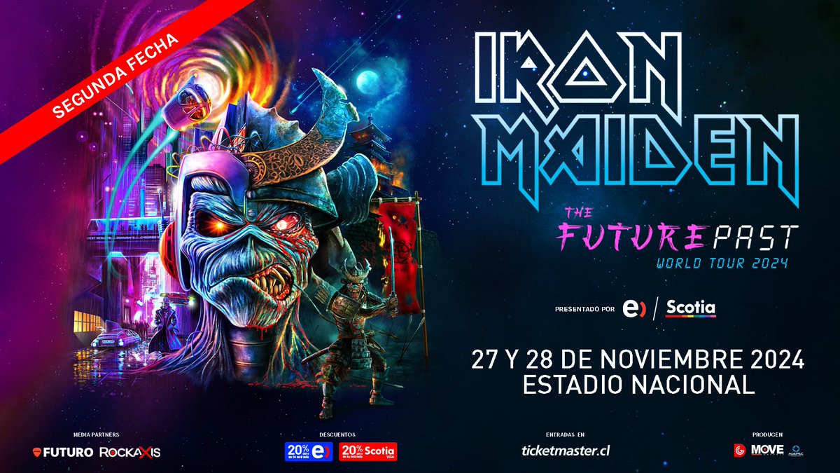 IronMaiden's tweet photo. A second night has been added in Santiago due to overwhelming demand!

28th Nov 2024 - Estadio Nacional, Santiago, Chile 🇨🇱 

Tickets go on sale Sunday 5th November at 12pm local time.

#IronMaiden #TheFuturePastTour #Chile https://t.co/T4CePoDSBM