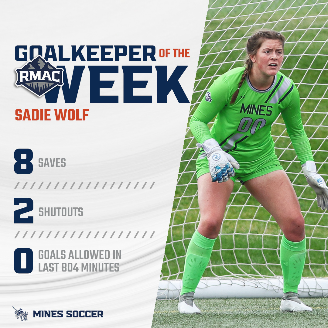 For the first time in her career, Sadie Wolf has been named RMAC Goalkeeper of the Week after logging eight saves and posting two shutouts in out final two matches of the regular season, including a 4-0 win over then #4 CMU!

📰
minesathletics.com/news/2023/11/2…

#HelluvaEngineer