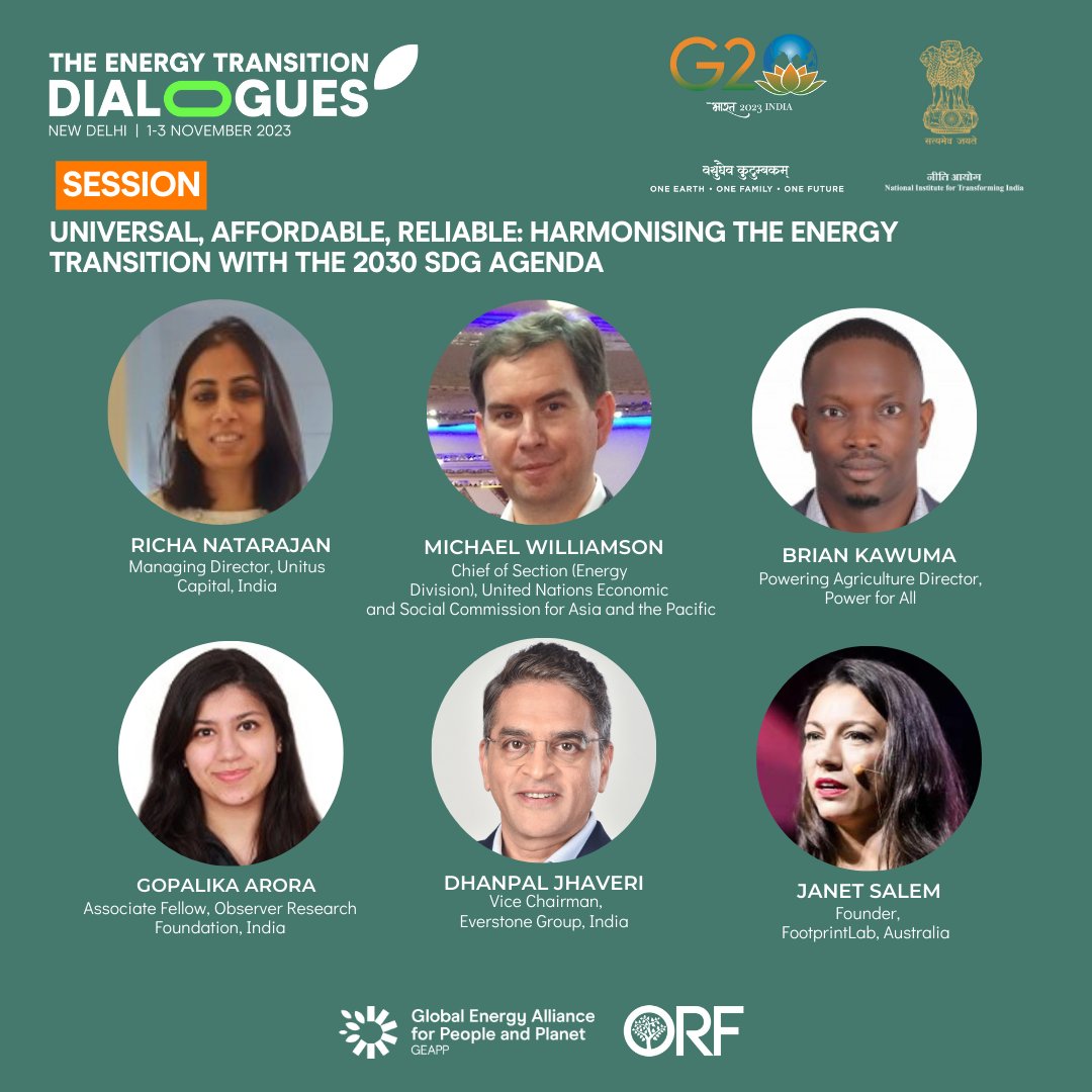 ORF (@orfonline) on Twitter photo <a href="/EnergyAlliance/">Global Energy Alliance for People and Planet</a> <a href="/g20org/">G20 South Africa</a> <a href="/NITIAayog/">NITI Aayog</a> <a href="/TandonSuranjali/">Suranjali Tandon</a> <a href="/mannat_jaspal/">Mannat Jaspal</a> @RickDuke1 <a href="/vishalkapoor91/">Vishal Kapoor</a> <a href="/manishgupta_99/">Manish Gupta</a> <a href="/SangeetaKaush13/">Sangeeta Kaushik</a> <a href="/AshokLavasa/">ashok lavasa</a> <a href="/duda_zoghbi/">Eduarda Zoghbi</a> <a href="/YuWaahIndia/">YuWaah (Generation Unlimited India) at UNICEF</a> <a href="/MishraVish/">Vaishali Mishra</a> <a href="/WorldBank/">World Bank</a> <a href="/mahuaacharya/">Mahua Acharya</a> Energy Transition Dialogues | Universal, Affordable, Reliable: Harmonising the Energy Transition with the 2030 SDG Agenda
Feat. Richa Natarajan, Michael Williamson, <a href="/Brian_Bryo/">Brian Kawuma</a>, <a href="/Gopalika95/">Gopalika</a>, <a href="/djhaveri/">Dhanpal Jhaveri</a> & <a href="/janetasalem/">Janet Salem</a>
Know the full agenda: shorturl.at/aLMRS
#TETDIndia23 <a href="/EnergyAlliance/">Global Energy Alliance for People and Planet</a> <a href="/g20org/">G20 South Africa</a> <a href="/NITIAayog/">NITI Aayog</a> <a href="/TandonSuranjali/">Suranjali Tandon</a> <a href="/mannat_jaspal/">Mannat Jaspal</a> @RickDuke1 <a href="/vishalkapoor91/">Vishal Kapoor</a> <a href="/manishgupta_99/">Manish Gupta</a> <a href="/SangeetaKaush13/">Sangeeta Kaushik</a> <a href="/AshokLavasa/">ashok lavasa</a> <a href="/duda_zoghbi/">Eduarda Zoghbi</a> <a href="/YuWaahIndia/">YuWaah (Generation Unlimited India) at UNICEF</a> <a href="/MishraVish/">Vaishali Mishra</a> <a href="/WorldBank/">World Bank</a> <a href="/mahuaacharya/">Mahua Acharya</a> Energy Transition Dialogues | Universal, Affordable, Reliable: Harmonising the Energy Transition with the 2030 SDG Agenda
Feat. Richa Natarajan, Michael Williamson, <a href="/Brian_Bryo/">Brian Kawuma</a>, <a href="/Gopalika95/">Gopalika</a>, <a href="/djhaveri/">Dhanpal Jhaveri</a> & <a href="/janetasalem/">Janet Salem</a>
Know the full agenda: shorturl.at/aLMRS
#TETDIndia23