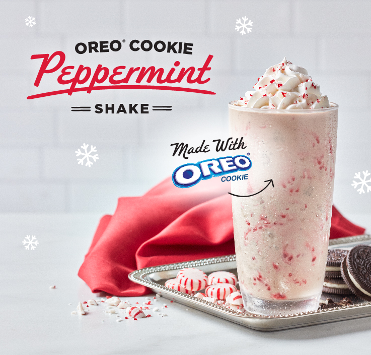 Freddy’s OREO® Cookie Peppermint Shake is back! Made by blending rich and creamy chocolate and vanilla frozen custard with peppermint syrup, crushed OREO® cookies, and peppermint candy pieces. Topped with whipped cream and peppermint pieces. Here for a limited time! ✨