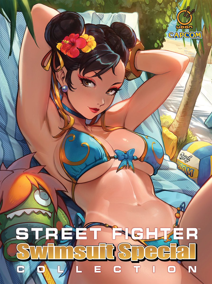 dailychunli's tweet image. Cover for volume 1 hardcover of Street Fighter Swimsuit Special Collection by @reiq #chunli #streetfighter