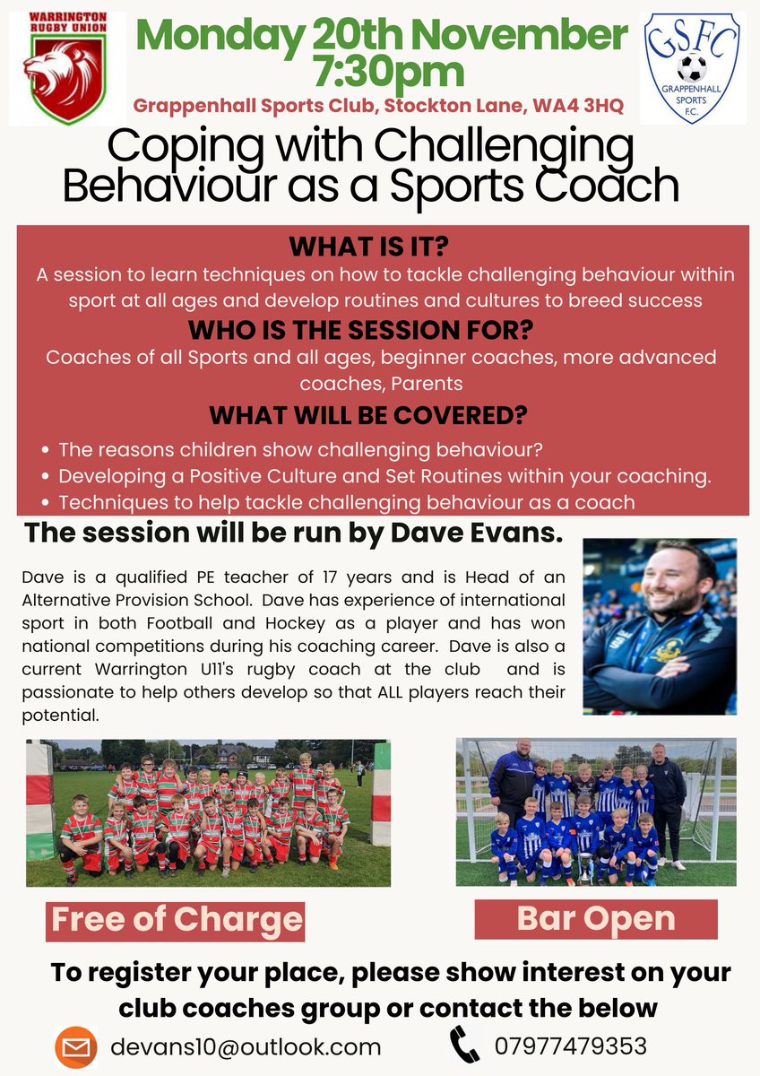 BehaviourDave's tweet photo. Looking forward to delivering this session for grass roots sports  coaches in the North West. Please fill in the form below to book yourself onto the course. Be quick as it's filling up fast #grassroots 👍 @WarringtonRUFC @grappsportsjfc @grapperscc @SaleSharksRugby https://t.co/UDxlxQXuRb
