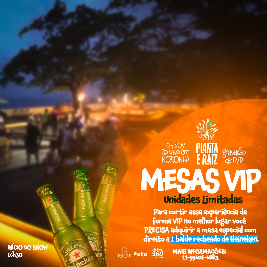 Nada mais incrível que uma experiência VIP pra curtir a gravação do Planta! Amanhã a partir das 16h30 acontece nossa gravação do DVD #AoVivoEmNoronha no @fortenoronha! 🏝️ 

Entre em contato e reserve sua MESA VIP exclusiva!

Mais informações: (11) 99601-6883