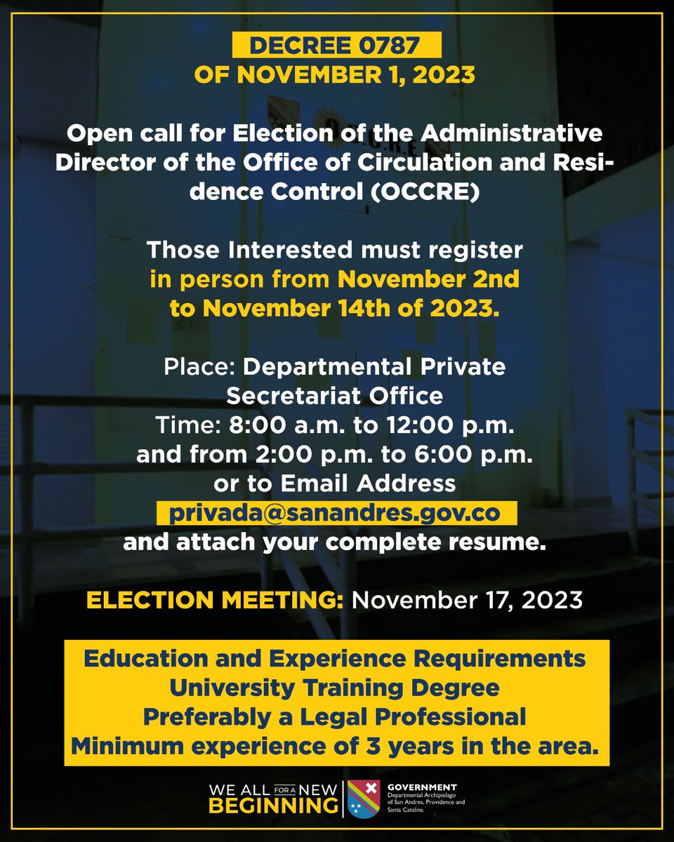 GobernacionSai's tweet photo. #OCCRE| Abierta nuevamente convocatoria para director de la Oficina de Control, Circulación y Residencia
Se convocará a la junta directiva de la #OCCRE para realizar la elección del director administrativo el dia 17 de noviembre de 2023. https://t.co/ZNEHKFAkOH