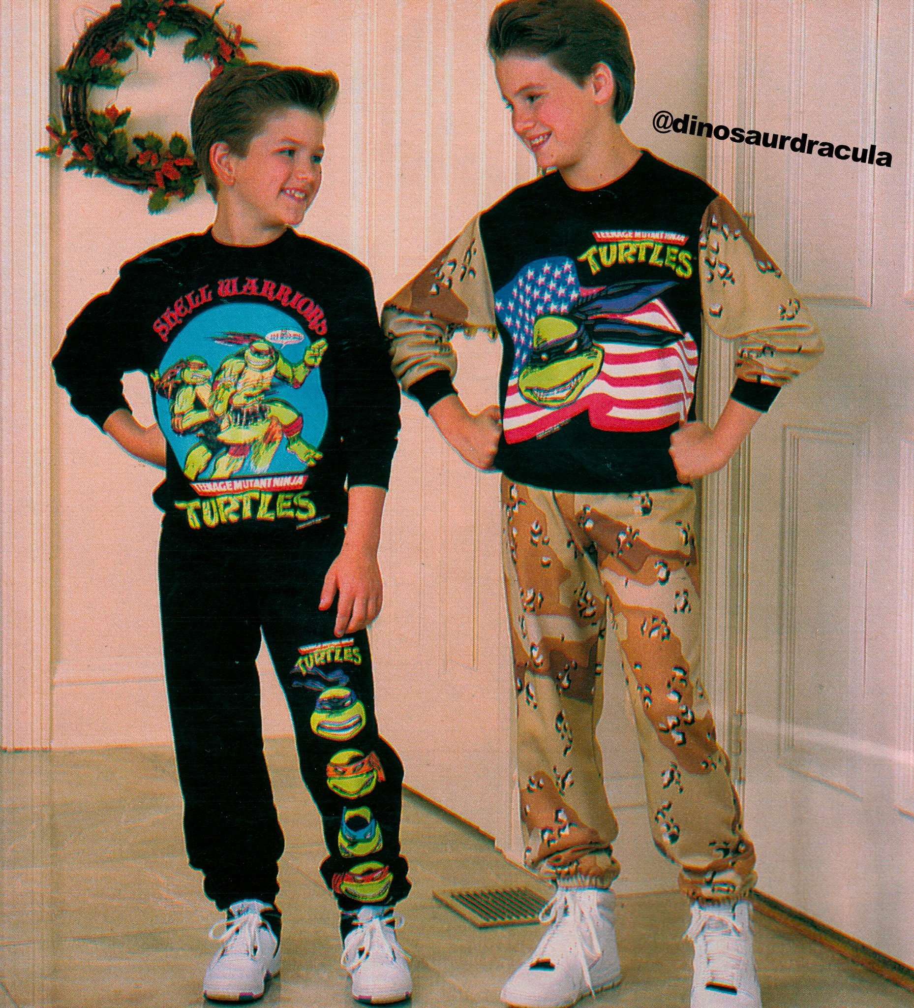 Dinosaur Dracula on X: Ninja Turtles fashion, from 1991. (You can tell it  was 1991 from the haircuts, but also because of the outfit on the right.  The Gulf War bled patriotic