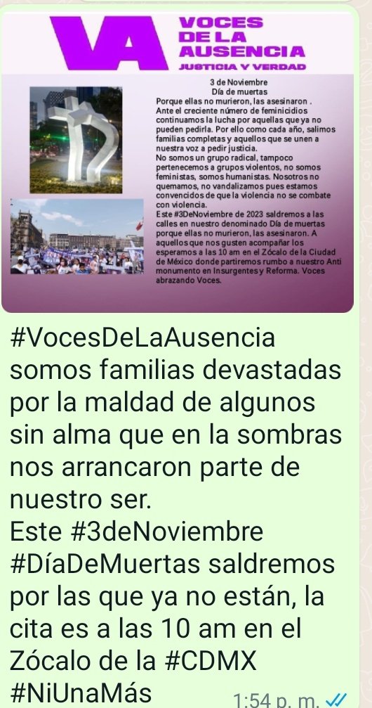 Oiga chico gracias por lo de "Chica" pero podría ser su madre. Y si ando ocupada organizando la única marcha que acompañamos.  Si quiere mañana platicamos, si va a la marcha.