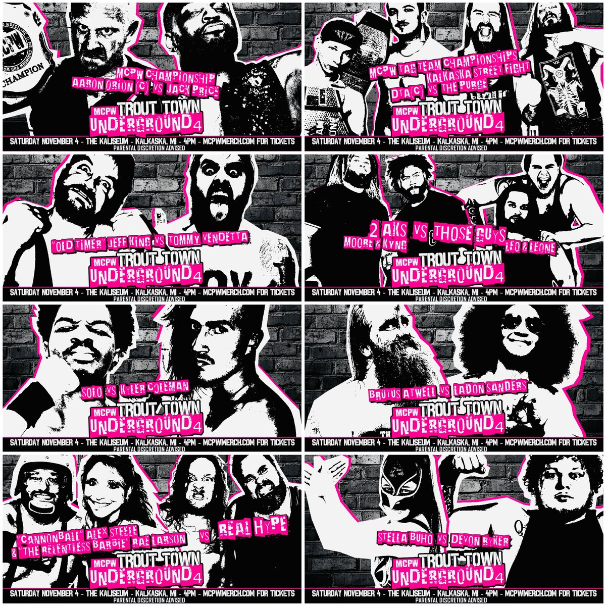 ✖️THIS SATURDAY✖️

MCPW TROUT TOWN UNDERGROUND 4
Saturday November 4th - 4PM
The Kaliseum (upstairs) - Kalkaska, MI

Featuring…
Orion/Price
DTA/Purge
King/TOV
2AKs/TFG
Solo/Coleman
Atwell/Sanders
Steele-Rae/Hype
Buho/Ryker 

🎟️ MCPWMERCH.COM FOR TICKETS 🎟️