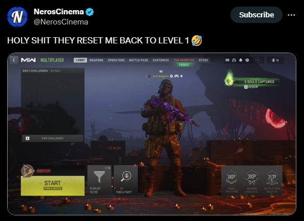 WarzoneAlerts's tweet photo. Reports of people being RESET to level 1 after playing the Call of Duty: #MW3 Campaign.

Also, there are reports of people being BANNED for logging into MW2 after being reset, because it thinks you used an unlock tool.

Has this happened to you..? 😕 https://t.co/4LF3p0zxBA