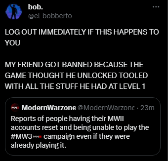 Reports of people being RESET to level 1 after playing the Call of Duty: #MW3 Campaign.

Also, there are reports of people being BANNED for logging into MW2 after being reset, because it thinks you used an unlock tool.

Has this happened to you..? 😕