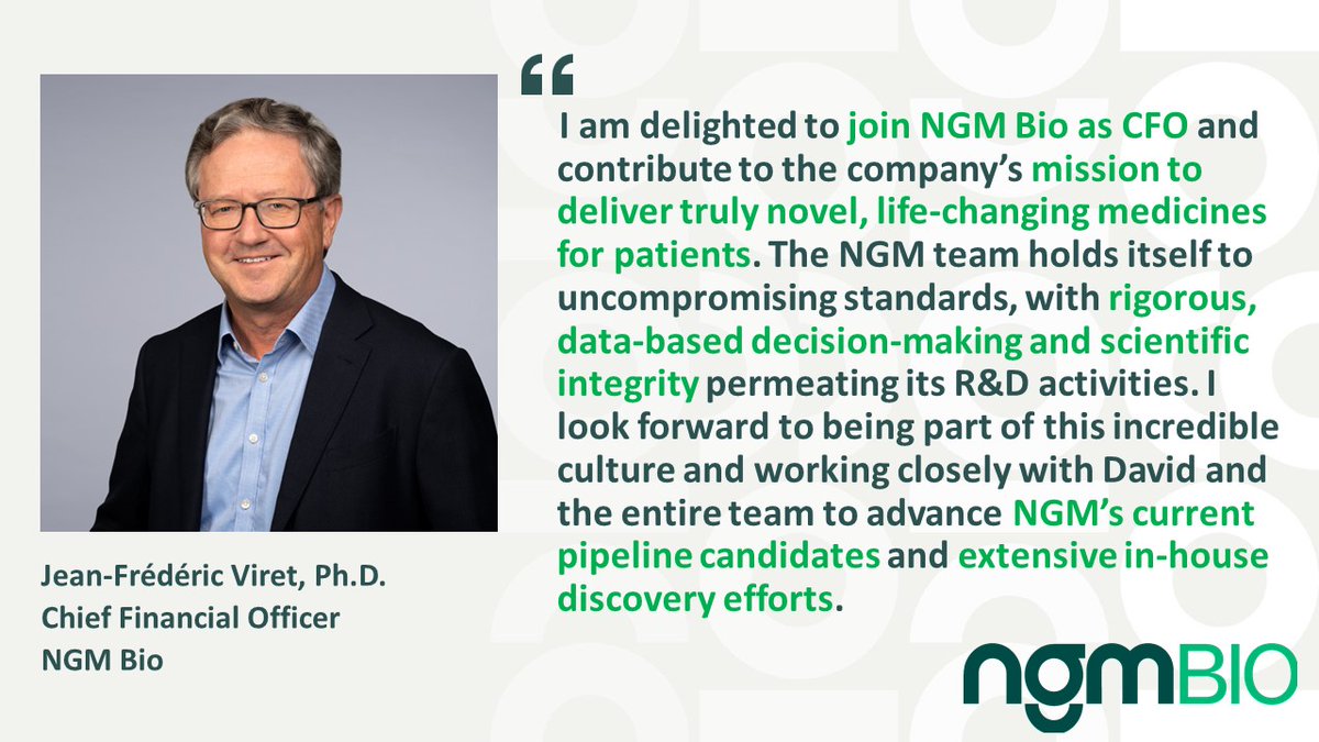 We're thrilled to announce today that Jean-Frédéric Viret, Ph.D. has been appointed Chief Financial Officer of NGM Bio! Read more: bit.ly/49dVLc5