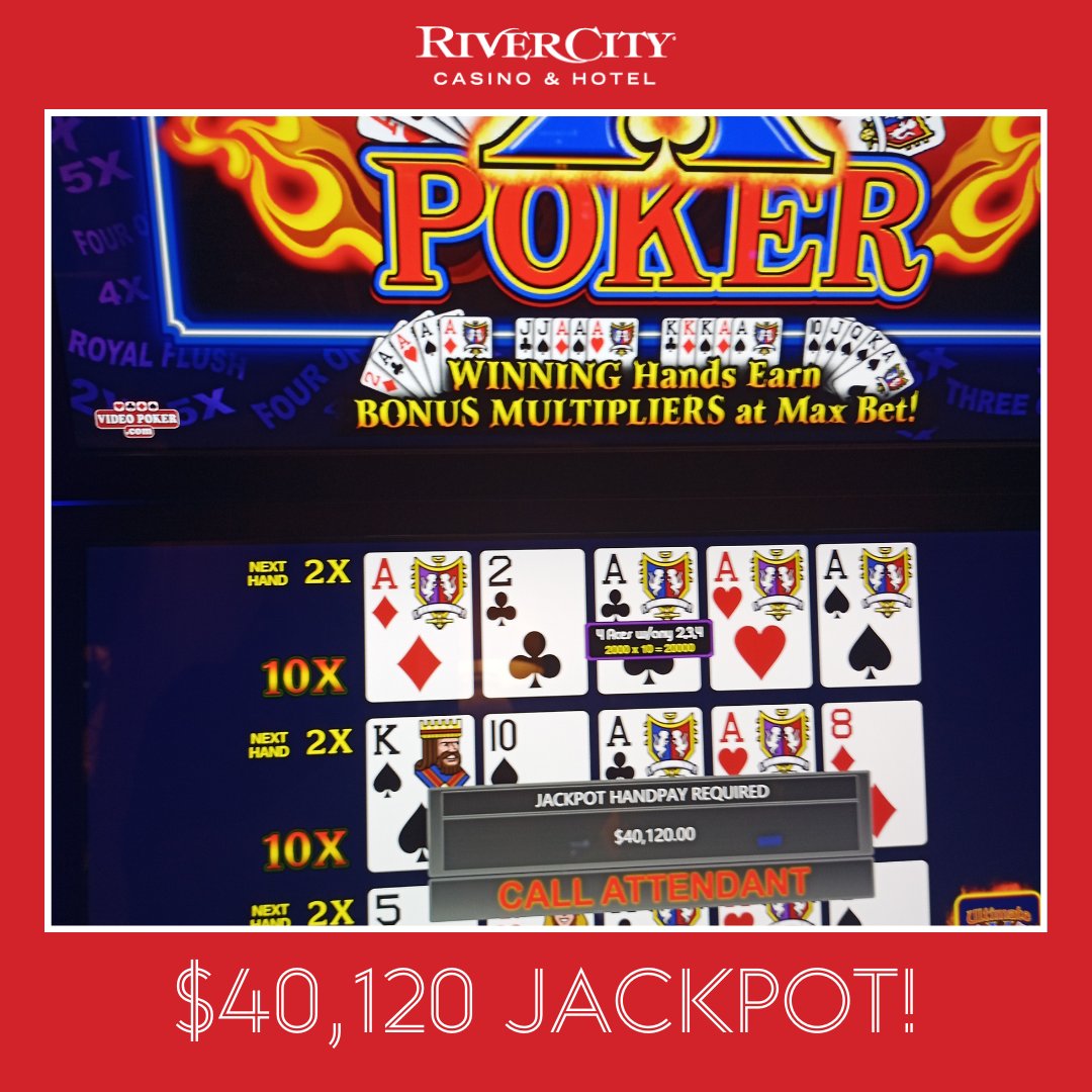 rivercitycasino's tweet photo. Wow! 🎰 Let's give a big shoutout to our lucky #jackpot winner who won $40,120 on Ultimate X Poker! 💰 Are you a fan of video #poker? #HappyAlmostFriday 

#UltimateXPoker #VideoPoker https://t.co/yu1Xc625lC