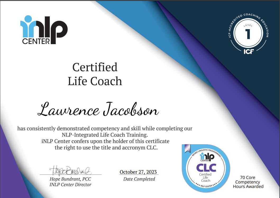 LarryMJacobson's tweet photo. I'm excited to share that I just received my Life Coach Certification #iNLP https://t.co/MvHkbv1laB
