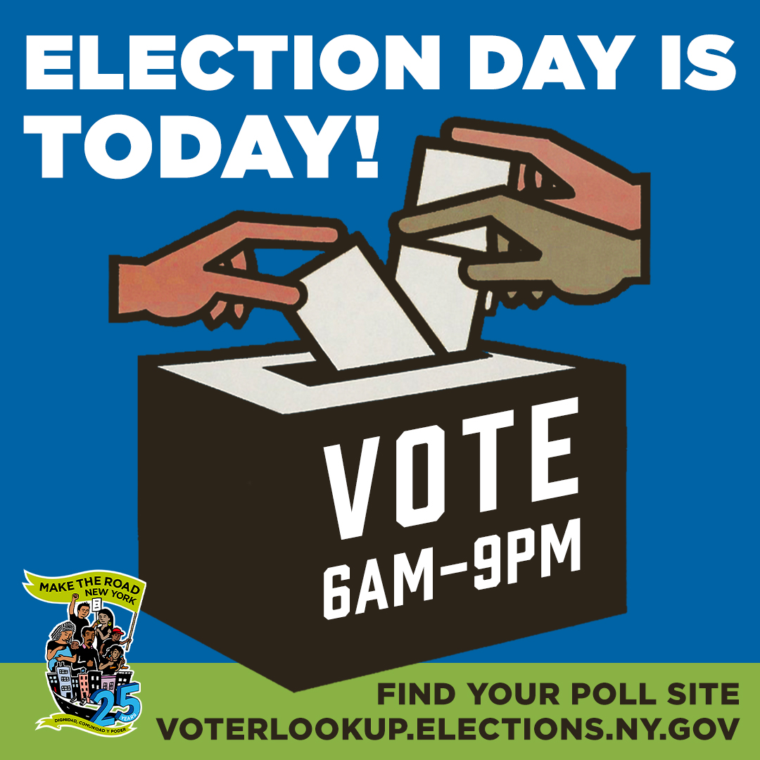 ⌛ Today is #ElectionDay! Polls are open NOW until 9pm, so make sure you stand up for respect and dignity on behalf of your community and VOTE! 📫 Absentee ballots must also be returned & postmarked by today! Find your poll site at voterlookup.elections.ny.gov