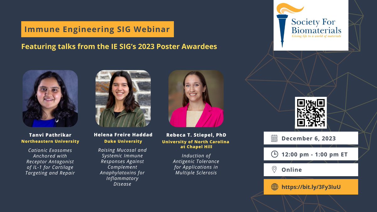 SFBiomaterials's tweet image. Exciting News! Join us for the Immune Engineering SIG's webinar featuring talks from their 2023 Poster Awardees. 🏆 Don't miss three great research presentations on December 6th at 12 PM ET. Mark your calendars! 🗓️ bit.ly/3Fy3IuU @SFBImmuneEng #ImmuneEngineering