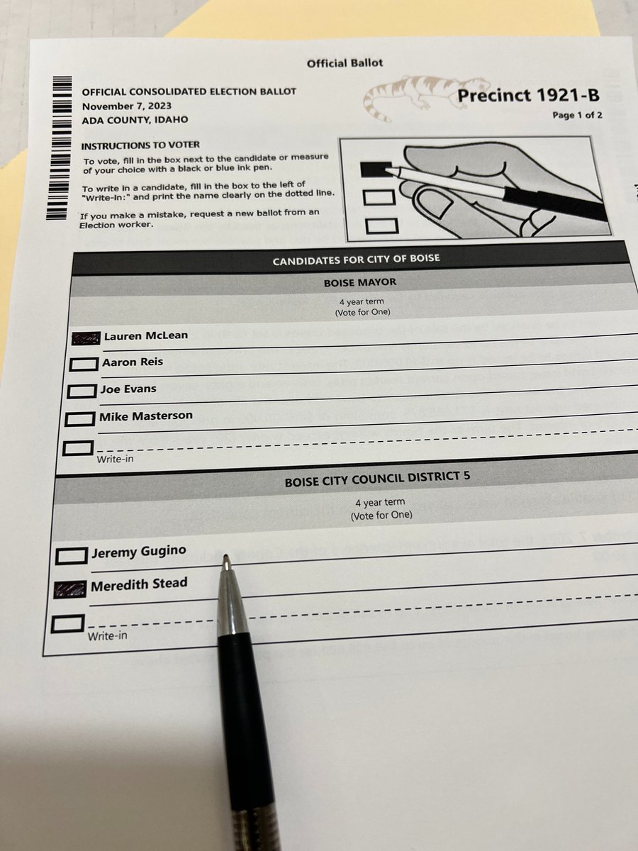 Meredith4Boise's tweet photo. Meredith Stead has voted — and you can too!

Early in-person voting is happening now through tomorrow (Friday, Nov 3) from 8AM-5PM at Boise City Hall and Ada County Elections. https://t.co/wtb3Fv942U
