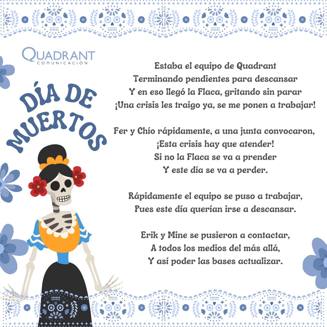 QuadrantMX's tweet photo. 💀El #DíaDeMuertos es parte de las tradiciones de nuestro país. En #QuadratComunicación lo celebramos con nuestra tradicional #calaveritaliteraria

#QuadrantMx #ContamosTuHistoria #TeamQuadrant #México #Calaverita https://t.co/1iYXYkcMrP