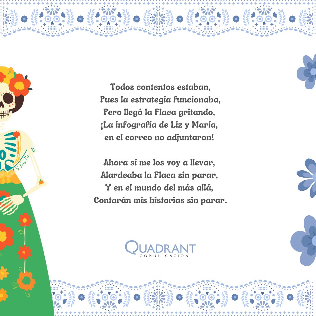 QuadrantMX's tweet photo. 💀El #DíaDeMuertos es parte de las tradiciones de nuestro país. En #QuadratComunicación lo celebramos con nuestra tradicional #calaveritaliteraria

#QuadrantMx #ContamosTuHistoria #TeamQuadrant #México #Calaverita https://t.co/1iYXYkcMrP
