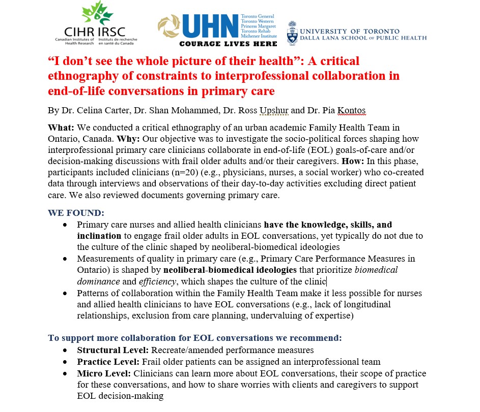 📢 New publication: “I don’t see the whole picture of their health”: A critical ethnography of constraints to interprofessional collaboration in end‑of‑life conversations in primary care. See our key findings below and read the full article here: rdcu.be/dpIWd