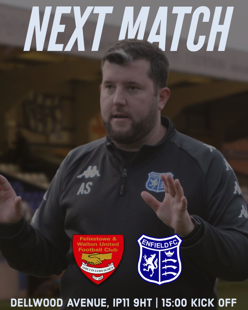 𝐍𝐄𝐗𝐓 𝐌𝐀𝐓𝐂𝐇

This Saturday (Weather Permitting) we travel to Dellwood Avenue to face Felixstowe &amp; Walton United in the Isthmian North Division.

We look forward to seeing as many E’s fans there as possible to support Alex and the lads.

#OnlyOneEnfield