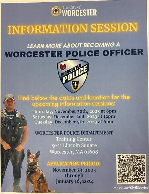 masshirecentral's tweet photo. 11/30, 12/2, and 12/5: #InfoSessions re. joining @WorcesterPD. Accepting applications through 1/16/24. @TweetWorcester @CentralMATweets https://t.co/I0XrjMP3i9