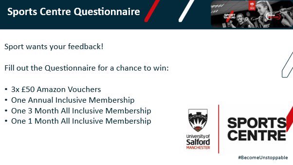 Everyone who fills out our Sports Centre Questionnaire will go into a prize draw for a variety of different prizes, this is now live and available for entries until Thursday 30th November. To fill out the questionnaire please visit this link 👉 forms.office.com/e/0tMapxEenf