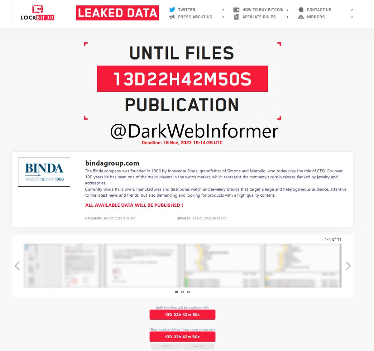 DarkWebInformer's tweet photo. Threat Actor: LockBit
Ransomware Victim: Binda
Date: 2023-11-02
Note: Allegedly, #LockBit has named #Binda as a victim. #Ransomware #StopRansomware #DarkWeb #DarkWebInformer #Leaks #Leaked #Cyberattack https://t.co/NI3GKJlkj6