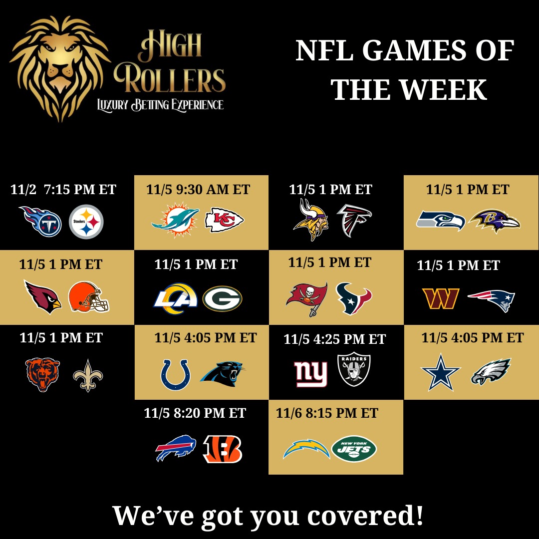 Week 9 of the NFL is coming up, and we at High Rollers Sportsbook are ready to bring you the best betting opportunities. Don't miss out! 💰🏟️

#HighRollers #NFL #NFLWeek9 #ArizonaCardinals #AtlantaFalcons #BaltimoreRavens #BuffaloBills #CarolinaPanthers #CincinnatiBengals