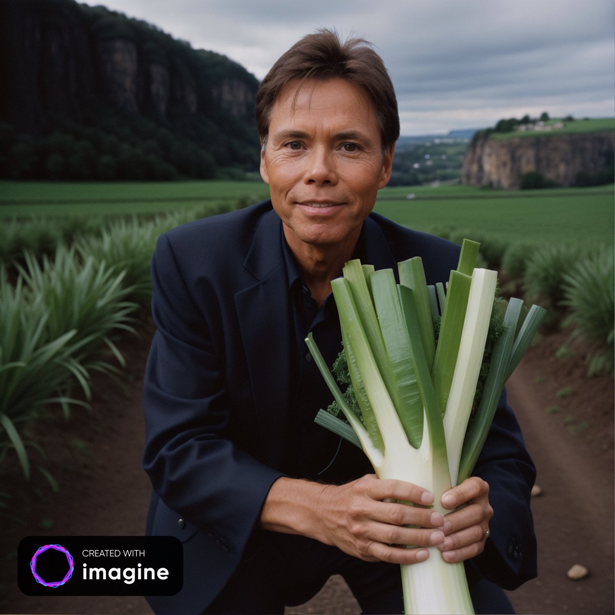Noelnoelleeks's tweet photo. Cliff Richard holding a leek #ai #art #aiart #cliffrichard @Imagine_aiart #leek #Wales 🏴󠁧󠁢󠁷󠁬󠁳󠁿 https://t.co/ROMzZCNvG9