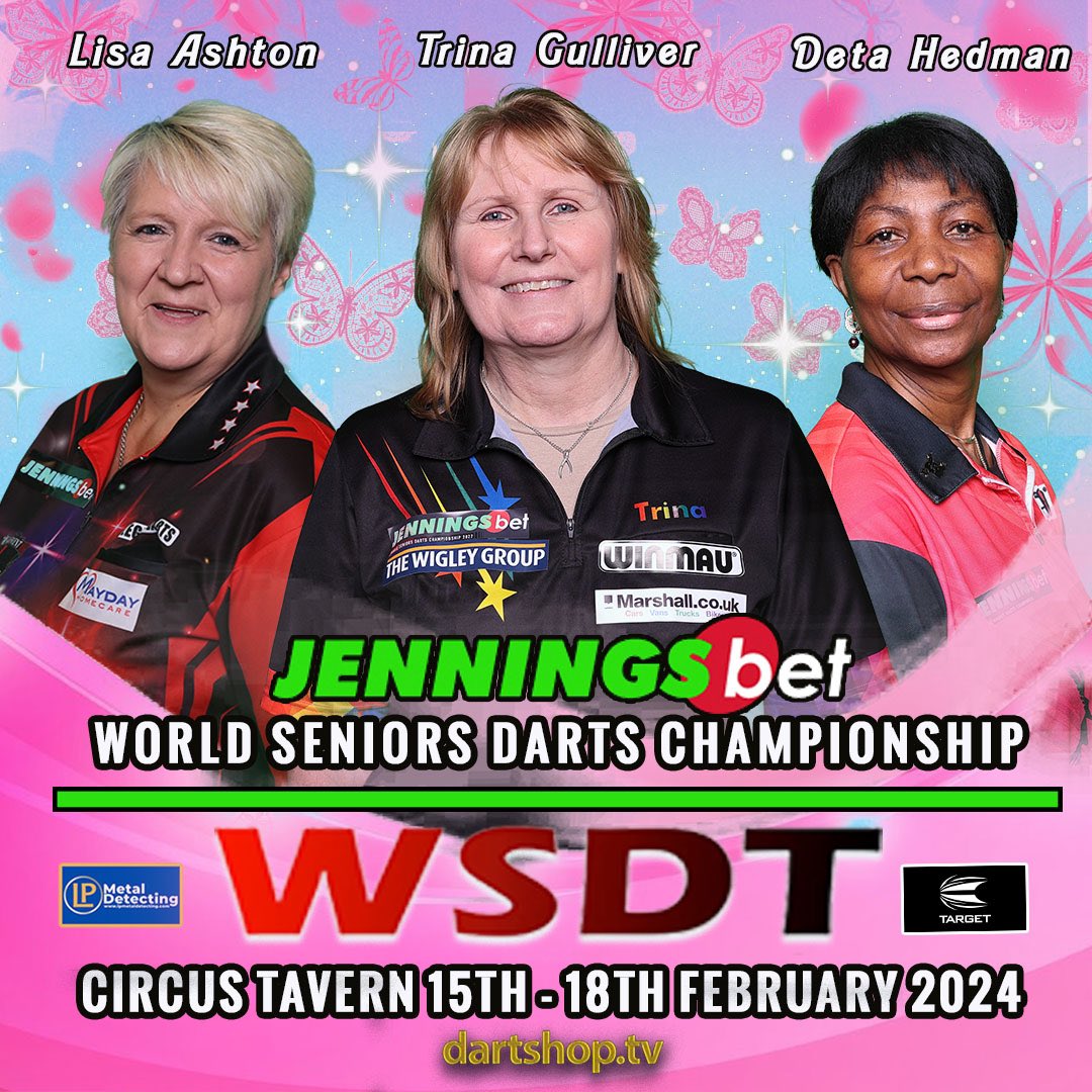 HERE COME THE GIRLS 💁‍♀️ Titles, prestige, charisma, quality. This trio has it all 🎯 Join them, and us, at the 2024 @jenningsbetinfo World Seniors Darts Championship at the iconic Circus Tavern 🎪 Book Now 🎟️ worldseniorsdarts.com/tickets23.html