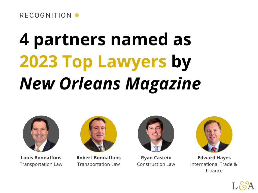 LeakeLLP's tweet photo. @NewOrleansMag  names 4 L&amp;A partners as "2023 Top Lawyers"

https://t.co/fYXCdnZasa https://t.co/JlADdU1ihX