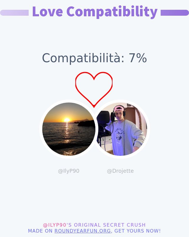 IlyP90's tweet photo. Il mio amore compatibilità con @Drojette è del 7%

➡️ https://t.co/pa5IbEn1AM https://t.co/0XqPiRdx6s