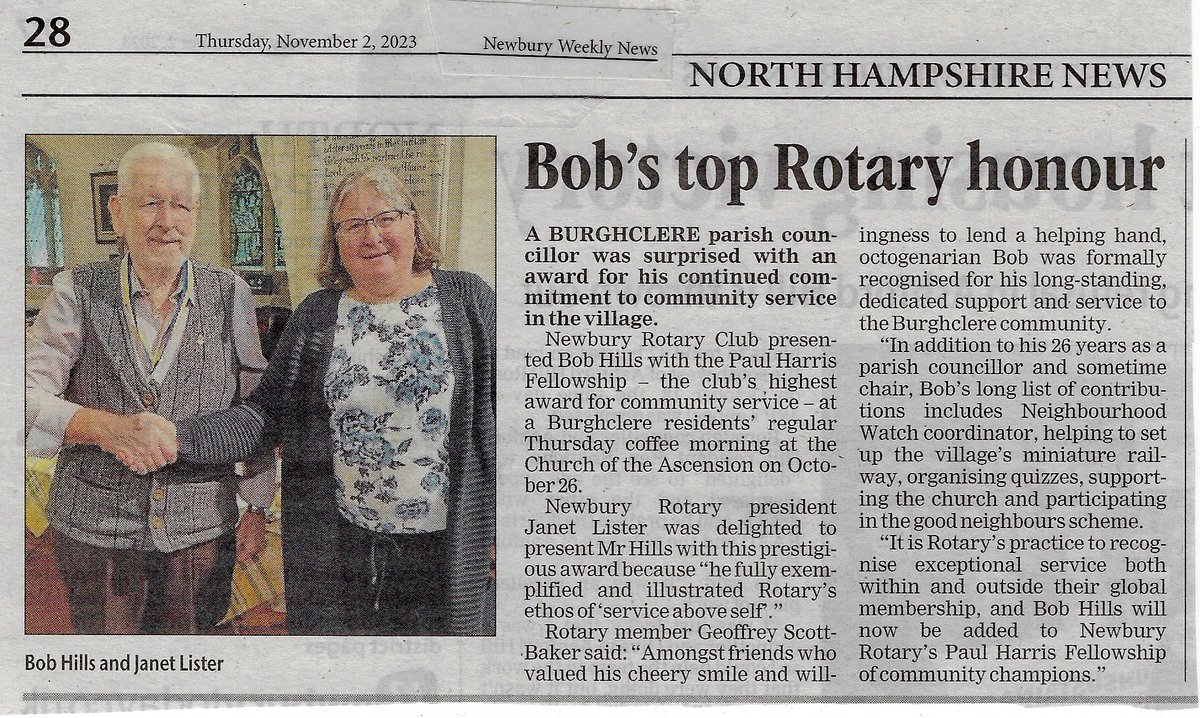 Delighted to see this coverage in the NWN for Bob Hills' well deserved Paul Harris Fellowship award.

#rotary