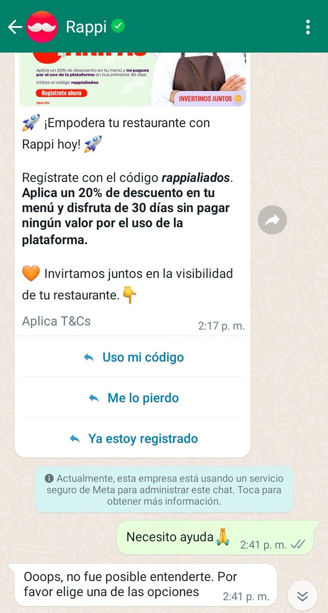 Danss_dt's tweet photo. @RappiMexico El número que me diste me manda este mensaje

Entro al enlace y es la misma cuenta que me está enviando la publicidad, solo estoy dando vueltas

No me puedes atender tú por aquí o por dm? https://t.co/2whPjd1q0c