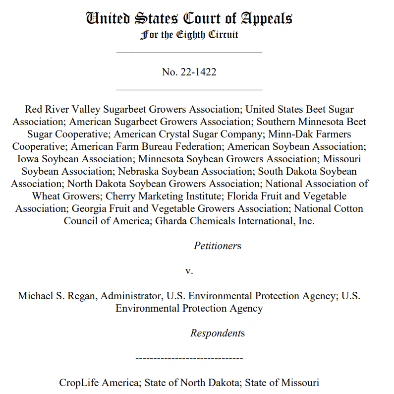 Thostenson's tweet image. EPA loses court decision on the revocation of chlorpyrifos. Problem is that many registrations have been cancelled VOLUNTARILY by the manufacturers. Twill be interesting to see where it goes from here. As Jesse Jackson use to say, "Keep Hope Alive!"

media.ca8.uscourts.gov/opndir/23/11/2…