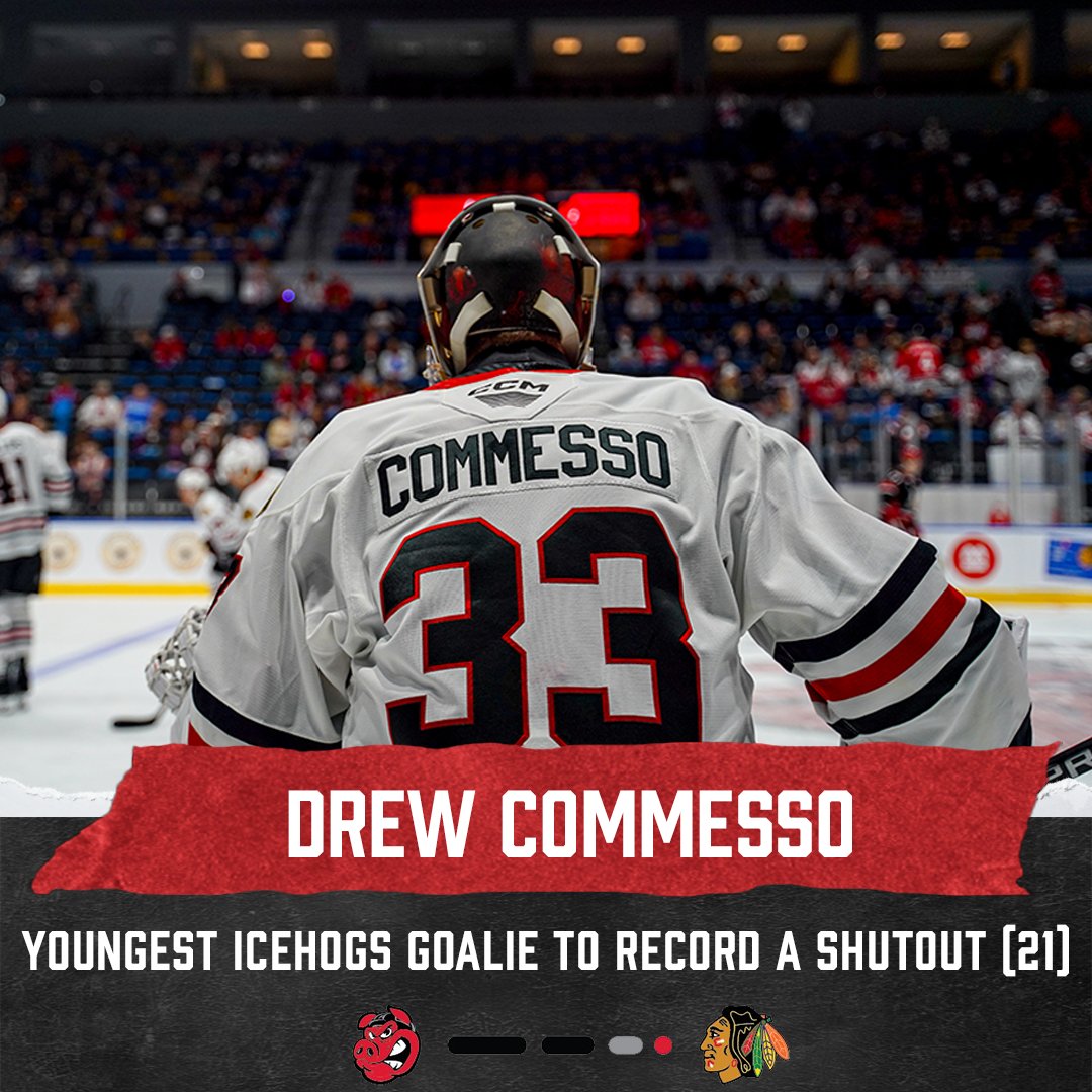 Rockford IceHogs on X: "We're off to an electric start here in the 8⃣1⃣5⃣⚡️ On Saturday, Drew Commesso became the youngest goalie in IceHogs history to record a shutout in Rockford's 3-0