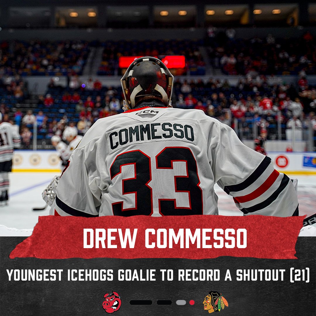 Rockford IceHogs on X: "We're off to an electric start here in the 8⃣1⃣5⃣⚡️  On Saturday, Drew Commesso became the youngest goalie in IceHogs history to  record a shutout in Rockford's 3-0