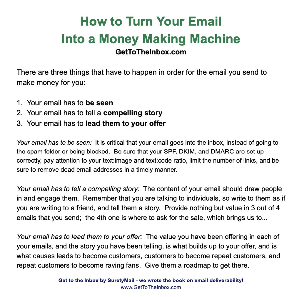 GetToTheInbox's tweet image. How to Turn Your Email Into a Money Making Machine
There are three things that have to happen in order for the email you send to make money for you:
1. Your email has to be seen
2. Your email has to tell a compelling story
3. Your email has to lead them to your offer
1. Your…